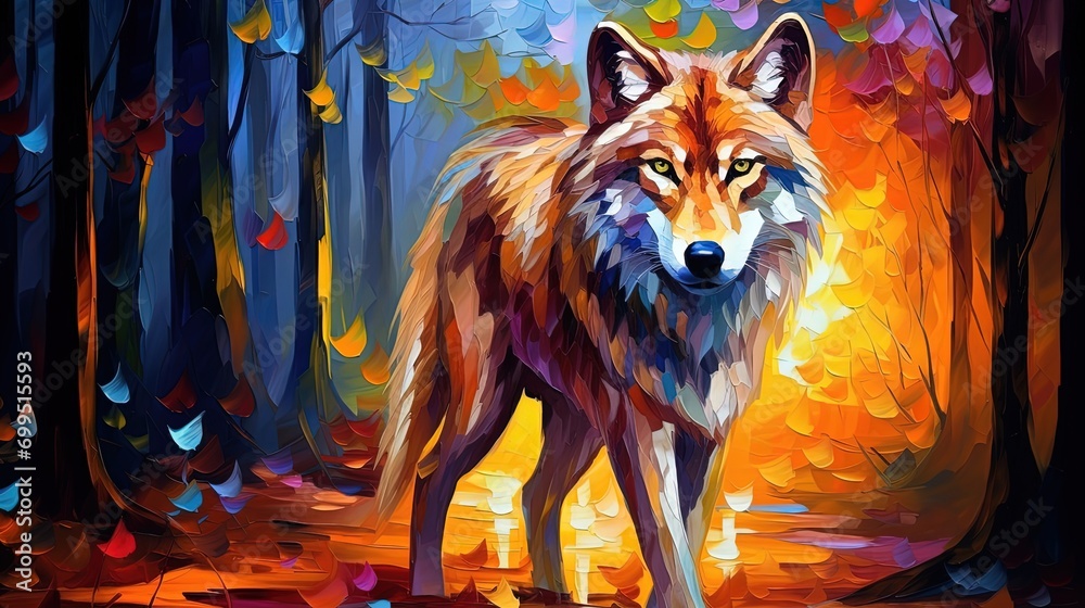 Wall mural oil painting style illustration, elegance wolf in autumn wood , elegance wildlife, idea for wall art