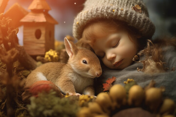 Little cute sleeping baby cuddles with a squirrel - obrazy, fototapety, plakaty