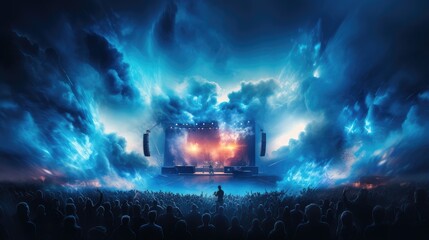 live festival stage illumination with energetic crowd. high-quality image for music event marketing and entertainment venue advertising