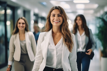 Portrait of successful and happy businesswoman, office worker smiling and looking at camera, working inside modern office.