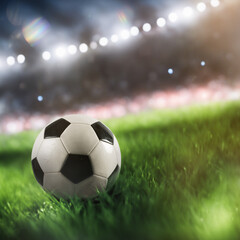 Fototapeta premium Close up of a soccer ball in a football stadium. Generative AI