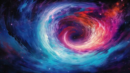 Obraz premium A high-definition, 8K, abstract image depicting a swirling vortex of vibrant colors, resembling a cosmic dance in outer space, with bright blues, purples, and pinks dominating the scene, all blending 