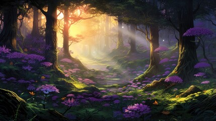 mystic woodland at twilight with ethereal light. ideal for fantasy-themed backgrounds, gaming environments, and creative illustration