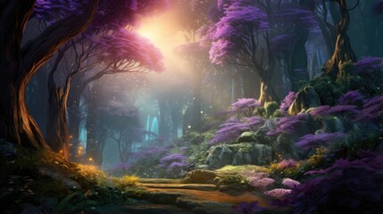 Obraz na płótnie Canvas enchanted forest pathway with mystical purple hues. magical landscape painting for fantasy book covers and dreamlike wall art