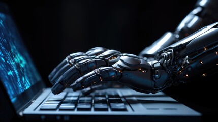 Obraz na płótnie Canvas advanced robotics and computing. cyborg hand typing on keyboard illustration for ai development, technological innovation, and sci-fi designs