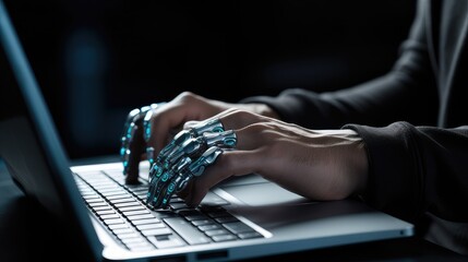 humanoid robot hand using laptop keyboard. visual metaphor for machine learning, smart computing, and advanced technological developments