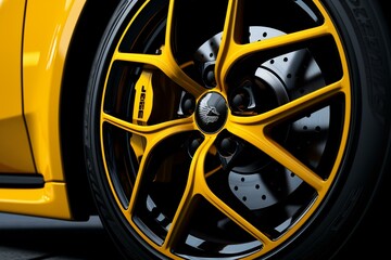 Close-up of a bright sports car's yellow wheel and brakes in a 3D render. Generative AI - obrazy, fototapety, plakaty