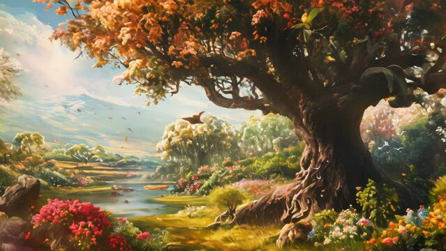 Garden of eden full of colorful flowers and trees painting animation