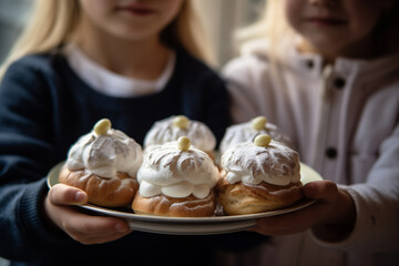 Obraz na płótnie Canvas Kids hold plates of Swedish semla buns with whipped cream