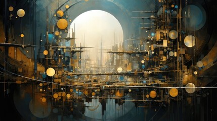 futuristic fantasy cityscape with floating orbs and golden hues. surreal architecture illustration for sci-fi book covers and posters