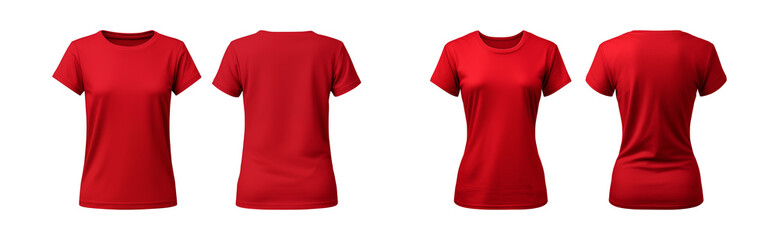 realistic set of female red t-shirts mockup front and back view isolated on a transparent background, cut out