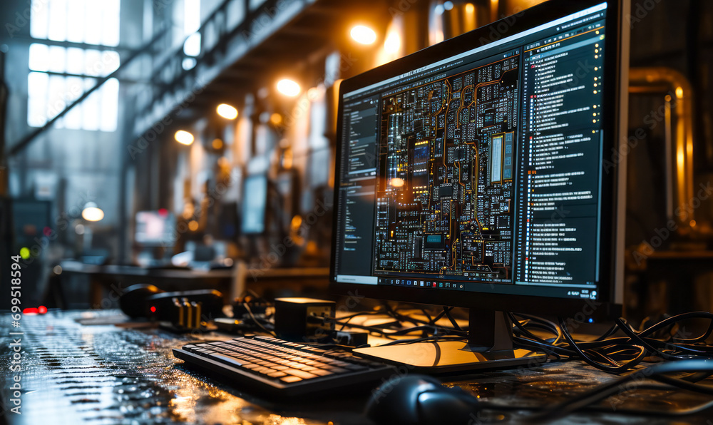 Poster computer monitor displaying intricate circuit board design for technology and electronics concept
