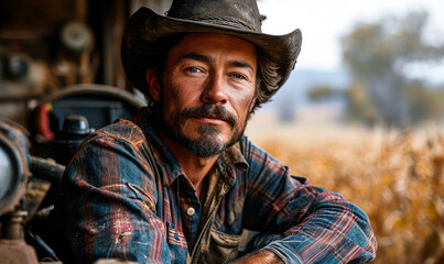 Confident Farmer Leaning on a Tractor in a Field, Portrait of Agricultural Worker with Machinery in Rural Setting