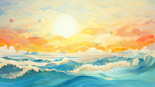 vibrant ocean waves and celestial clouds artwork. eye-catching illustration for beach resort marketing, summer event posters, and travel ads