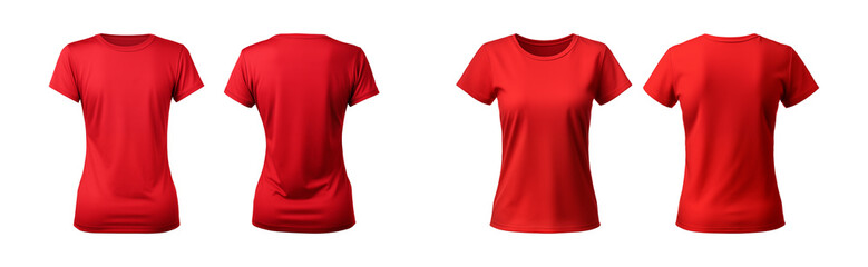 realistic set of female red t-shirts mockup front and back view isolated on a transparent background, cut out