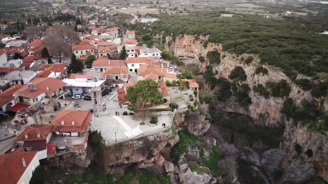 Ascending drone footage of Tithorea municipality on Velitsa gorge in Amfikleia-Elateia, Greece