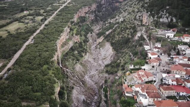 High drone shot of Tithorea municipality and Velitsa gorge in Amfikleia-Elateia, Phthiotis, Greece