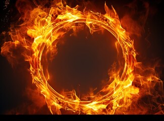 Fire circle with red smoke behind isolated on black background, golden circle with fire light effects, yellow bright round abstract image Generative AI - obrazy, fototapety, plakaty