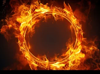 Fotobehang Fire circle with red smoke behind isolated on black background, golden circle with fire light effects, yellow bright round abstract image Generative AI © Iaroslav Lazunov