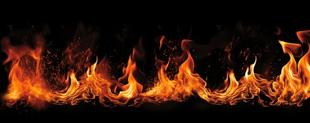 Fire flames isolated on black background, blaze fire border line, abstract texture wallpaper art pattern Generative AI