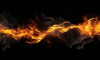 Dynamic flame on black background, golden wave with fiery effect, fire blaze abstract texture, art design Generative AI