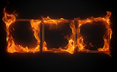 Frames with bright fire border, three square frame with orange fire flames around and fire sparkle effect on black background, banners or advertisements concept Generative AI