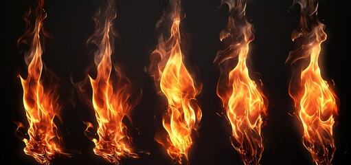 Fototapeta premium Fire flames collection isolated on black background, movement of fire flames, blazing fiery spurts of flame set for design art Generative AI