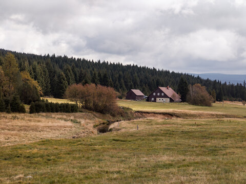 Mountain landscape in the spring in the Jizera Mountains, Jizerka settlement