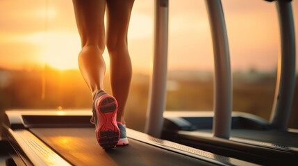 Close-up of athlete's legs with sports shoes running on a treadmill at sunset - obrazy, fototapety, plakaty