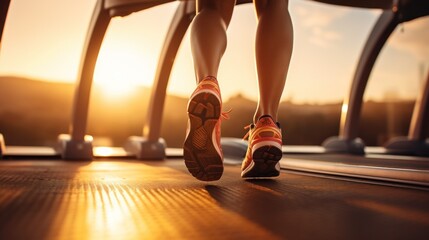 Close-up of athlete's legs with sports shoes running on a treadmill at sunset - obrazy, fototapety, plakaty