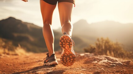 Female legs with sports shoes and backpack running on mountain trail - obrazy, fototapety, plakaty