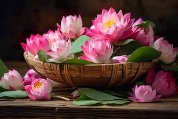 Obraz premium very beautiful lotus flowers in a basket on the wooden floor, luxury wooden background