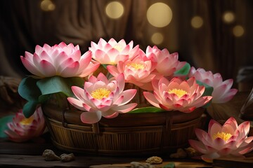 very beautiful lotus flowers in a basket on the wooden floor, luxury wooden background