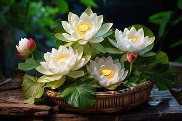 very beautiful lotus flowers in a basket on the wooden floor, luxury wooden background