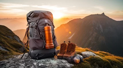 Tafelkleed Close-up of hiking and camping gear, backpacks, water bottles, and leather ankle boots. Behind is a mountain with some mist. at sunset telephoto lens natural lighting © somchai20162516