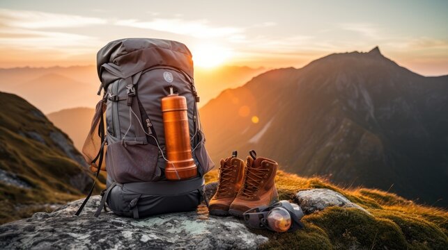 Fototapeta Close-up of hiking and camping gear, backpacks, water bottles, and leather ankle boots. Behind is a mountain with some mist. at sunset telephoto lens natural lighting
