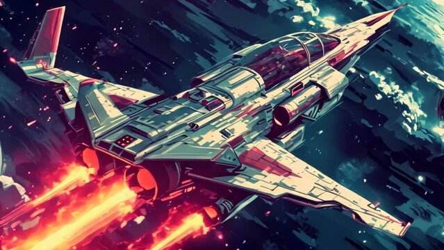 Retro gaming style spaceship flying in space animated wallpaper