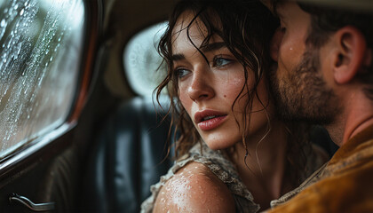 Romantic young adult kissing in car. A vintage styled couple is in a car, kissing in the parking lot illuminated by cinematic lights. Retro