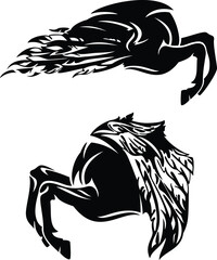 mythical pegasus horse legs and wings - side view animal stylized black and white vector design