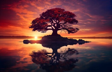 Trees and sunset surrounded by a magenta colored river