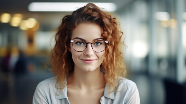 Cool hipster student wearing glasses. Caucasian female university student looking at camera smiling happily.
