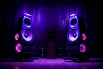 Pulsating Loudspeakers purple light. Digital media. Generate Ai