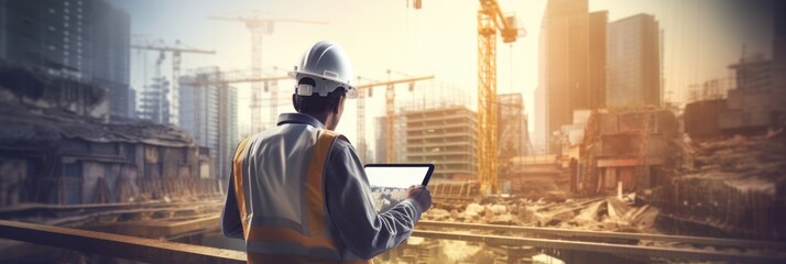 Construction workers with tablet computers and wearing construction uniforms against the background of a surreal construction site in the city. - obrazy, fototapety, plakaty