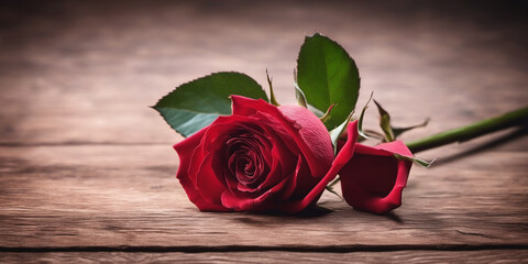 Red rose on a wooden background. Mockup for your design.. Generative AI