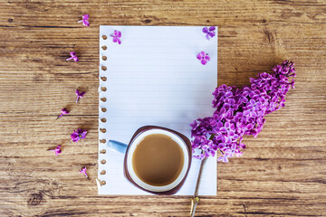 Naklejka na ściany i meble Cup of Coffee for Good Morning and Purple Lilac .Empty note for text