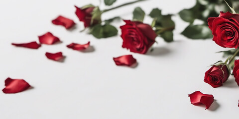 Red roses on a white background. Valentine's card. Flat lay, copy space. Generative AI