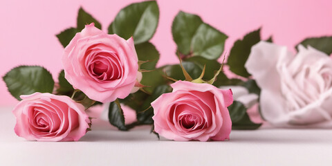 Bouquet of pink roses on a white background on the left. Valentine's Day background. Greetings banner. Generative AI