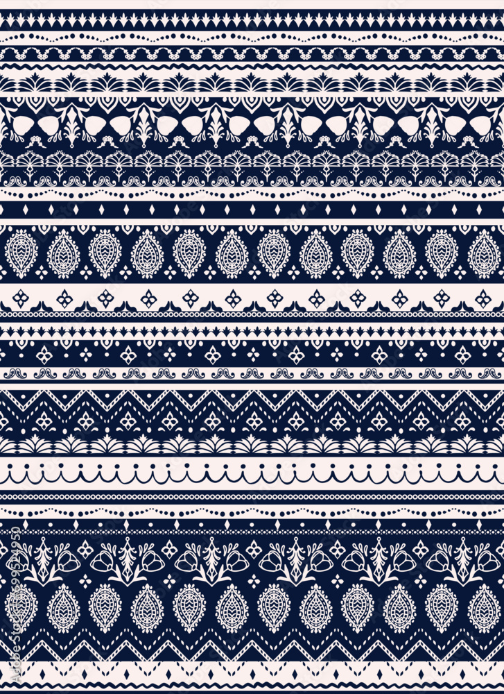 Wall mural Traditional, ethno paisley seamless repeat pattern. Vertical, vector geometric shapes and botanic all over surface print on dark blue background. - Wall murals