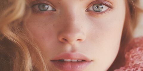 Blonde Nordic girl with a cropped close-up, showcasing her natural beauty and innocence in the sunlight.