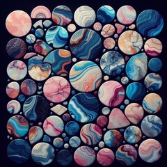 pattern of colorful marble stones in a dark black background. AI generated illustration